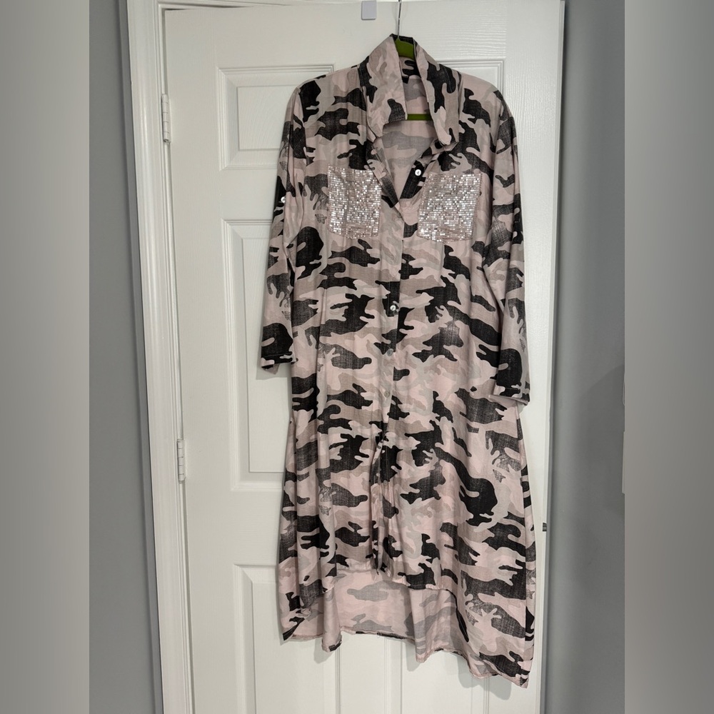 Camouflage Long Shirt with Sequin Pockets